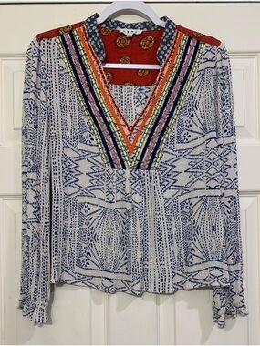 THML White & Navy Boho Multi Color Embroidered Large Blouse           3130